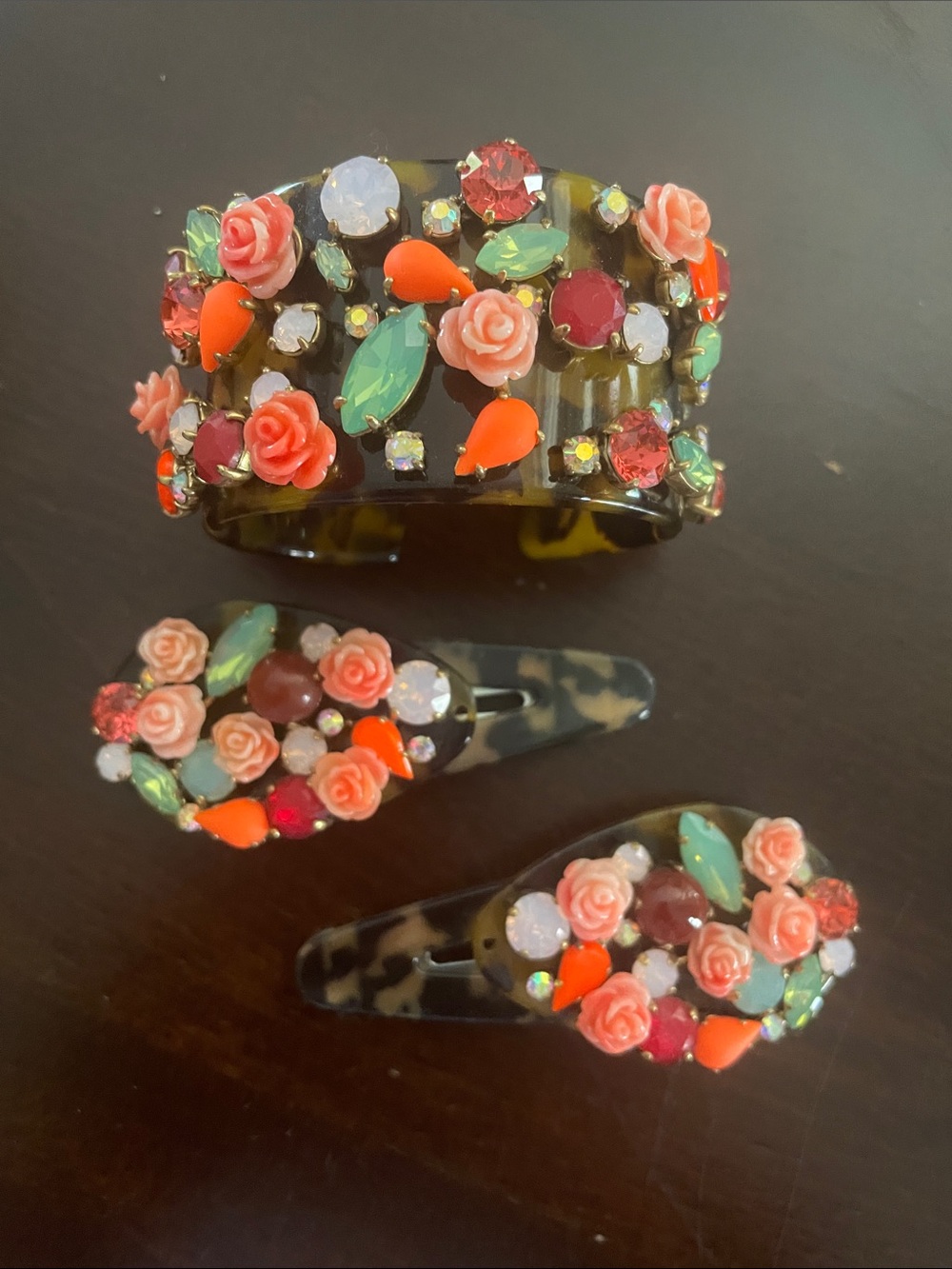 J.Crew Floral Resin Hair Clip Set & Cuff - Coral Pink & Green Embellished